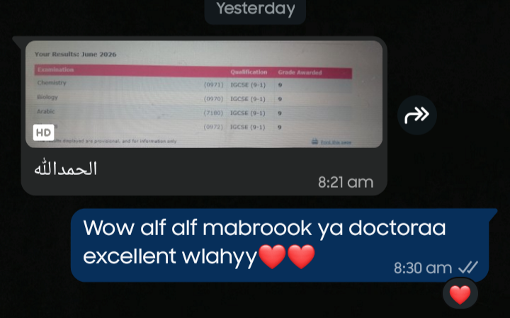 Mai Ayman achieved Grade 9 in Biology